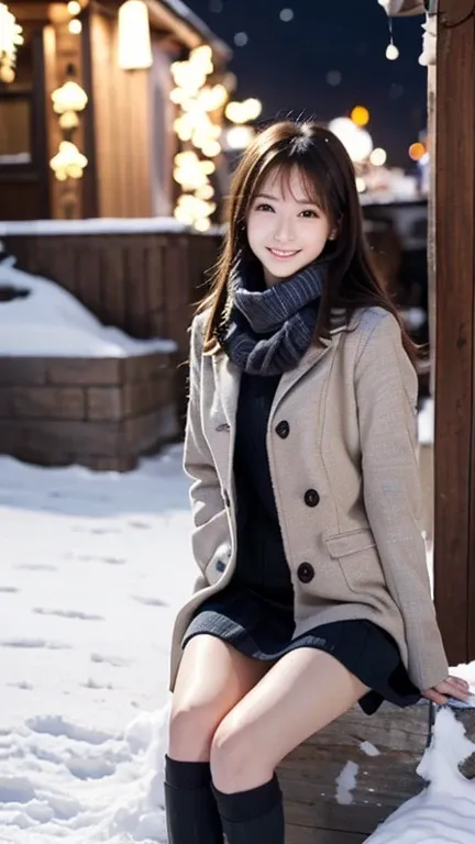 (Wore a winter uniform and scarf coat、 Close-up portrait of a girl with long hair and dull bangs:1.5)、(one person*** wearing a winter uniform and scarf coat spreads her arms and has a shy smile :1.5)、Age 25、( Christmas decorations on a street corner on a s...