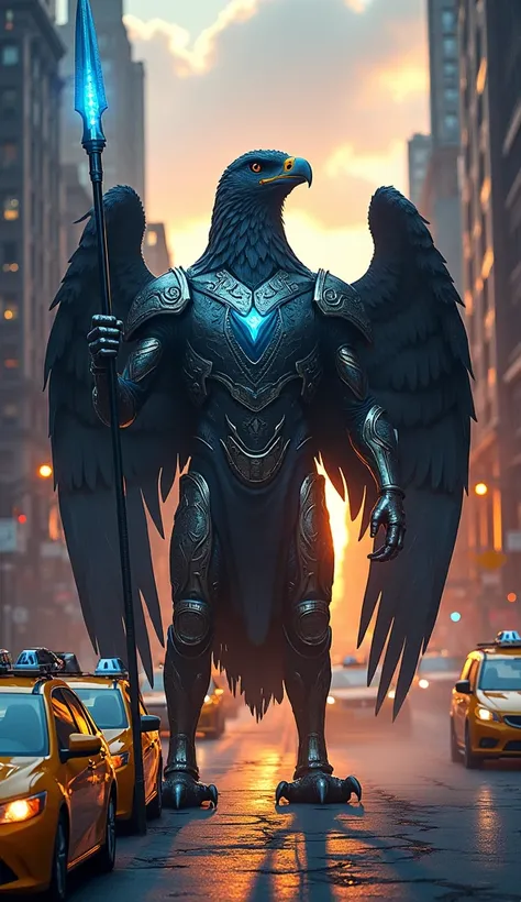 An ultra-realistic image of a towering warrior eagle standing in the middle of a bustling New York City street. The eagle is adorned in gleaming, futuristic metallic armor, detailed with intricate engravings and glowing blue runes, giving it an otherworldl...