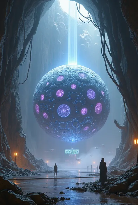 A futuristic, sentient spaceship core housed in a vast chamber. The core is a massive, glowing, spherical structure, about the size of a small building, with a semi-translucent surface made of both organic and metallic materials. It pulses with shifting en...