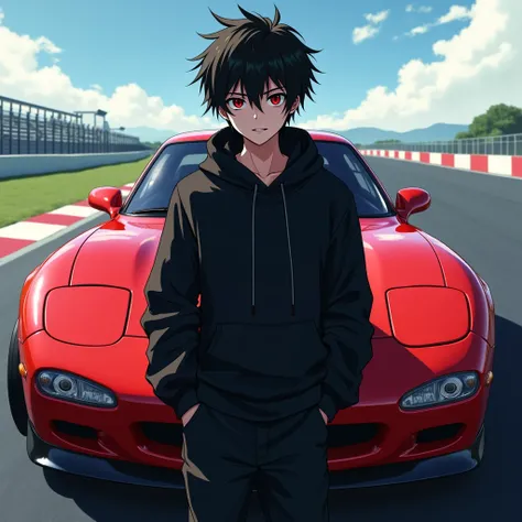 Boy Hyouka teenager  dark eyes and hands in pockets short hair big bangs and red eyes anime
 Japanese RX-7 car standing back on a track and propped up on the car