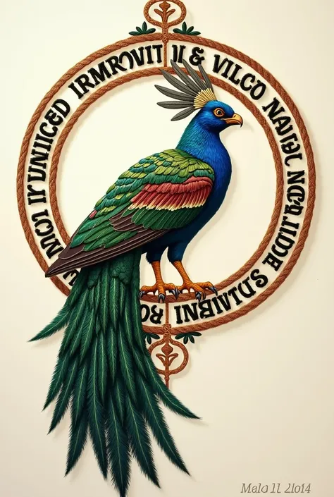 Quetzal makes a powerful pose with his balance of justice with embroidery in the shape of an ixtle thread inside a circle where it says in Spanish and capital letter CONDE