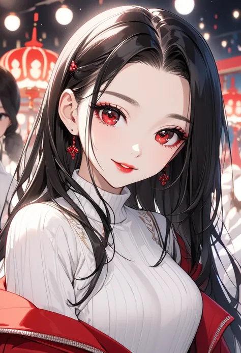 (delicate and beautiful), (immensely beautiful illustration), ((Fashion Show style)), a (in a outer is red Elegant Jacket, in a inner is white sweater onepiece, sexy black tights), break, a ((perfect parted center slicked-back look)) (delicate hime cut) (v...