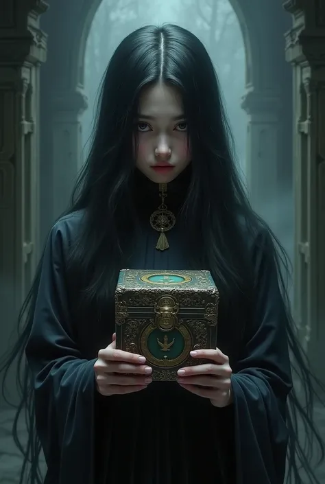 
, the long-haired girl looks mysterious, Hold the mystery box
