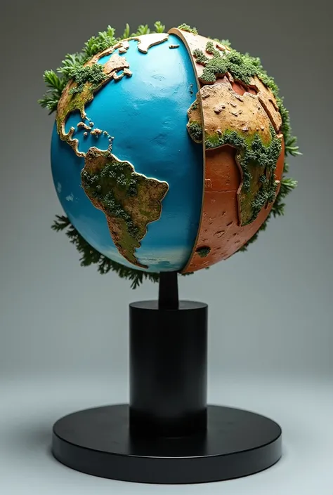 A model of planet Earth supported on a rotating tube on a black base ,  and that on planet Earth you can see half with water and the other half without water, reflecting the importance of water on the planet, detailing that life exists with water , The pla...