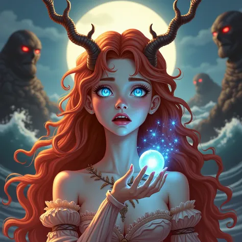  A fantasy scene showing a young woman with loose and wavy reddish hair , with glowing blue eyes .  She holds a small orb of magical light in her hand ,  while her expression reflects an air of fear and mystery .  She is dressed in a detailed outfit with d...