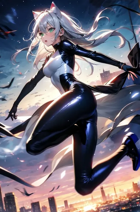 A beautiful girl with silver cat ears, green eyes, silver hair, long hair, black and white battle suit that fits her body perfectly, the background is the night city, the age is 14, dark night, sweat, steam from exhalation, dynamic angles, dynamic action p...