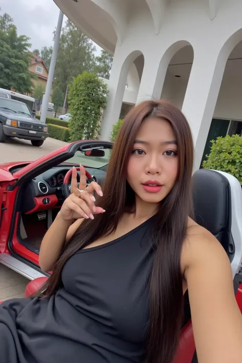 POV selfie 。Big Boobs。 wearing high-end fashion brand business attire。 sit in the drivers seat of a convertible Porsche 718 。Red interior 、At the entrance of the luxury villa area 。