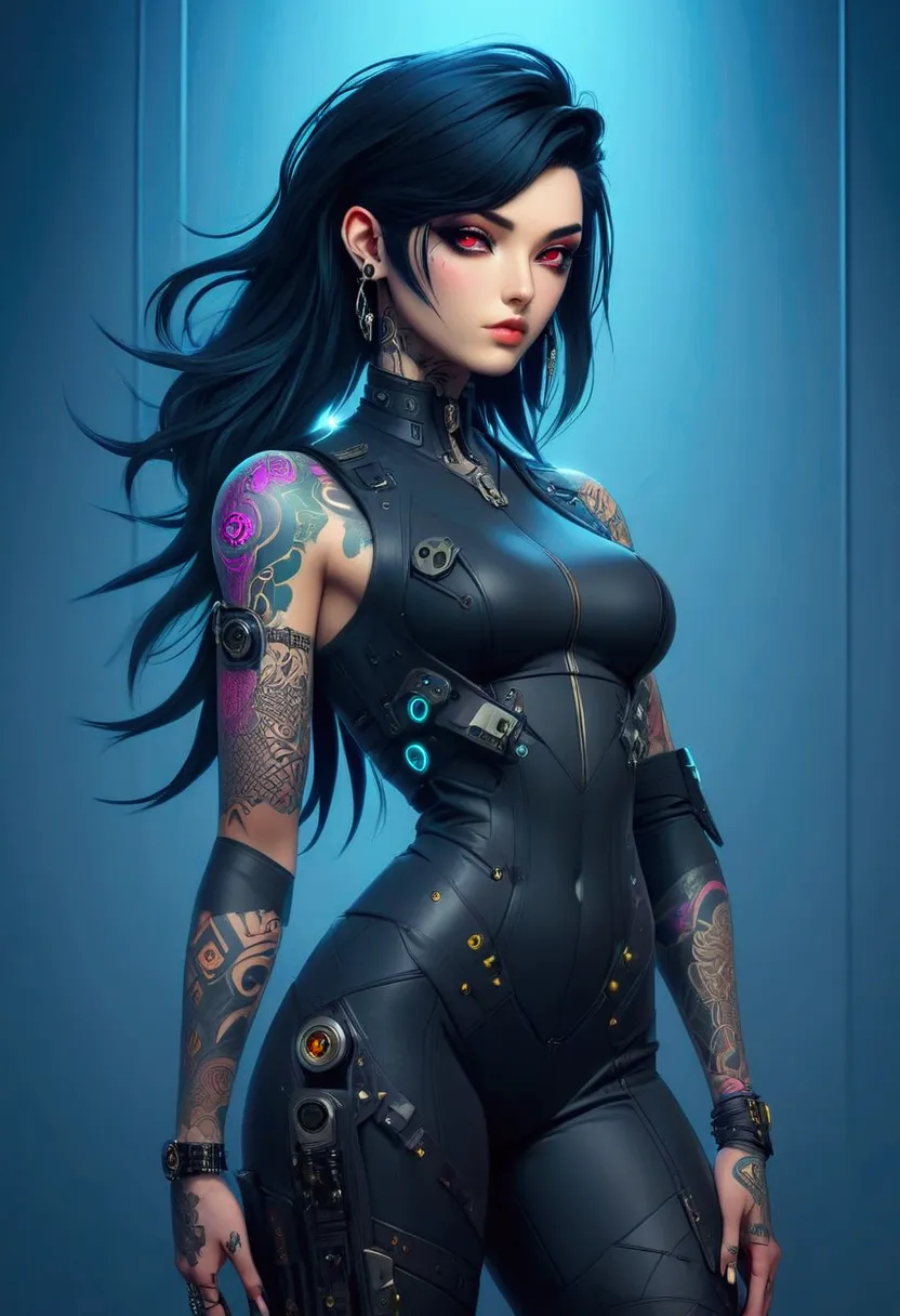 a fullbody view of a woman with tattoos on her body, seductive cyberpunk dark fantasy, ornamental gothic - cyberpunk, cyberpunk ...