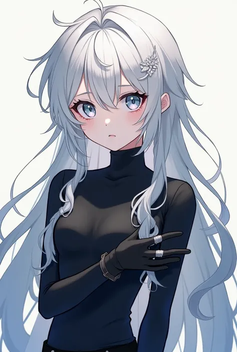  a young anime boy with long white hair loose to the knees in the front bangs messy short style, With a single braid on the right side ,Long and Adorable ,  natural with waves full fringe , black blouse glued to the body ,  black pants ,  high top black bo...