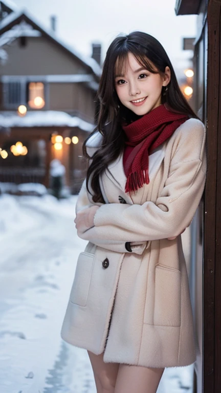 (Wore a winter uniform and scarf coat、 Close-up portrait of a girl with long hair and dull bangs:1.5)、(one person*** wearing a winter uniform and scarf coat spreads her arms and has a shy smile :1.5)、Age 25、( Christmas decorations on a street corner on a s...