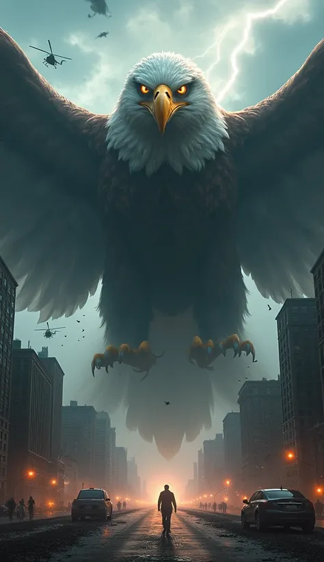 An ultra-realistic depiction of a colossal titan eagle dominating the skyline of New York City, its massive size dwarfing even the tallest skyscrapers. The eagles sharp, predatory eyes glow ominously, exuding a sense of menace, while its razor-sharp beak a...