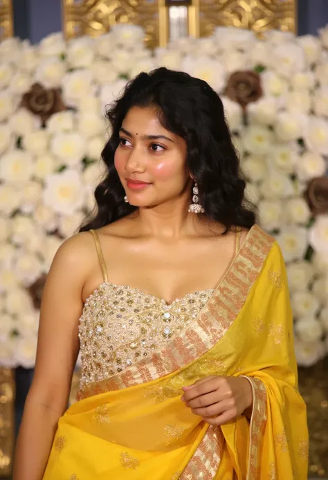 "An alluring woman draped in a vibrant, shimmering yellow saree that accentuates her curves, paired with a revealing, intricately adorned pearl-studded blouse. She stands confidently amidst an opulent floral backdrop of white and gold, exuding a captivatin...