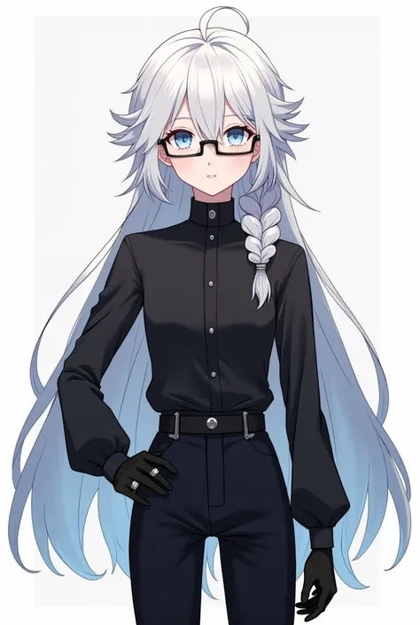 a young anime man  , with long white hair loose to the knees in the front bangs messy short style,  with a single braid on the right side ,Long and Adorable ,  natural with waves full fringe , black blouse glued to the body ,  black pants ,  high top black...