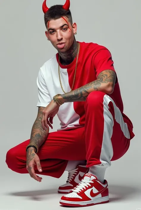  30-year-old boy ,  tattooed,  shaved hair sides at 2 and toupee , t-shirt half red half white ,  pants half white and half red ,  sneakers Nike dunk low red and white , gold cord around the neck , little red horns,  in the hand arms resting on the knees, 