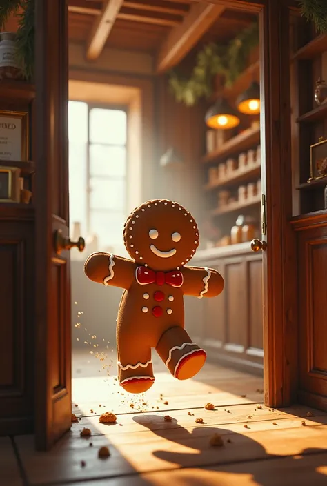 Gingerbread cookie running out of a bakery