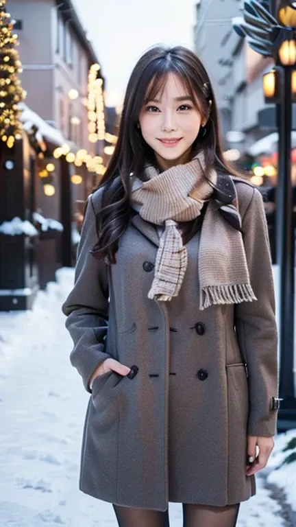 (Wore a winter uniform and scarf coat、 Close-up portrait of a girl with long hair and dull bangs:1.5)、(one person*** wearing a winter uniform and scarf coat spreads her arms and has a shy smile :1.5)、Age 25、( Christmas decorations on a street corner on a s...