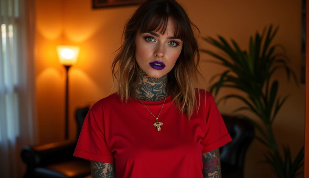 A woman with light brown hair down to her neck, her hair is down to her neck and has bangs, she has a nose ring piercing, she has tattoos all over her body, she wears a red t-shirt, she wears violet lipstick. She is looking straight ahead. Warm lighting