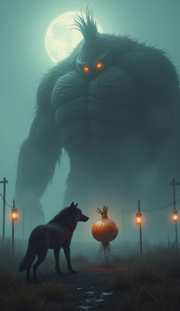 A colossal, menacing wolf with densely packed muscles and an intense, predatory stance stands face-to-face with a giant onion, its crinkled, layered skin glistening faintly under the moonlight. The wolfs fiery orange eyes lock onto the onion, exuding a fer...