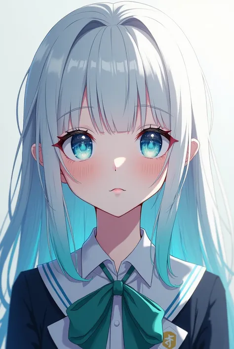 Generate an image of a teenage anime girl with long white hair with turquoise tips and light blue eyes with white eyelashes wearing heroin uniform

