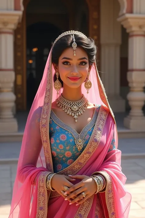 "Picture a beautiful Indian queen, dressed in a traditional embroidered lehenga in pink and blue. Her jewelry includes big earrings, necklace, and maangtika. She has a pink scarf on her head, and her face is full of smile, which shows her gentleness and be...