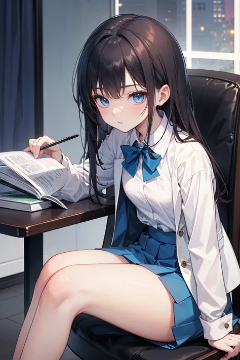  high school students  ， Has long, dark hair ， with warm blue eyes  ， Wore a fresh blue suit and black heels ，  pure white collar and bright green bow 。  has long dark hair and warm blue eyes  ， sitting in a chair 