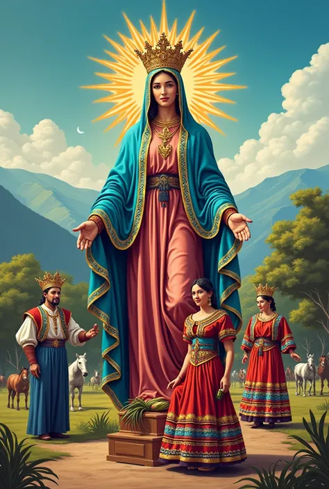 Create me a drawing about the culture of Anzoategui, highlighting the Virgin of the Valley as the main character, then José Antonio Anzoategui and Mercedes Freites Pérez, and for details, add the joropó, a couple dancing four harps and maracas and some hor...