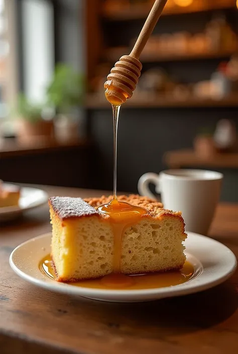 A sharp image of a coffee cake with honey on the dining table in the shop