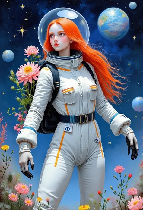     A young beautiful cosmonaut girl in a spacesuit and astronaut helmet is flying in zero gravity in the universe, planets around her , different flowers stick out on her shoulders in her backpack,  red hair can be seen from the helmet , Painting (medium)...