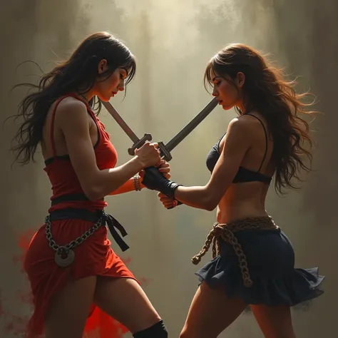 2 people,woman,fight,knife,sword, boobs