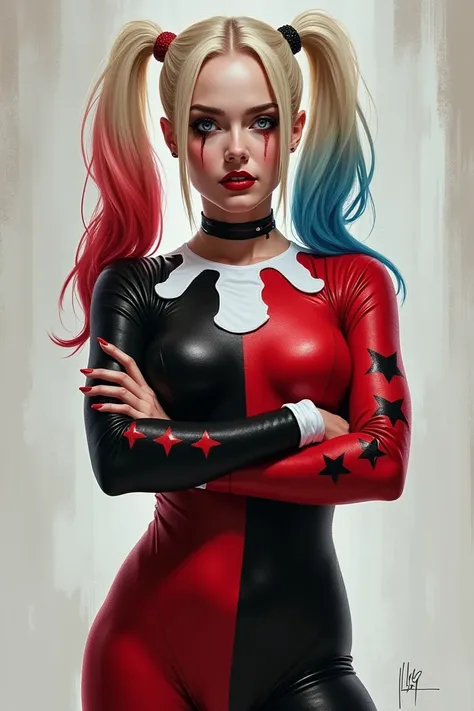 Harley Quinn looking at the spectator with folded arms