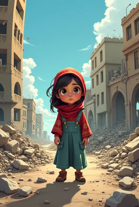 Palestine Anine girl in destroyed city cartoon