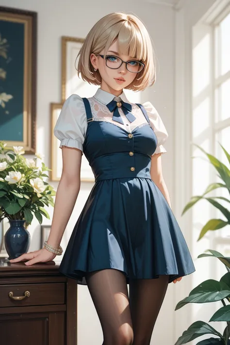  dress、Glasses、 short bob、 pantyhose