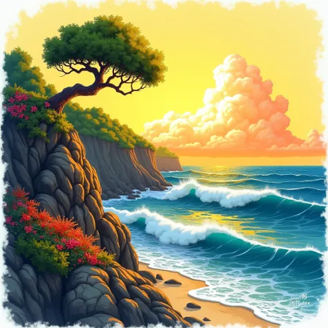 colored sketch,  fantastic landscape,  on one side rock wall with flowery vegetation with twisted tree, On the other side of the sea with large waves ,  in the background yellow sky with large clouds , sunset,  depth of field ,  cast shadow ,  Image Fill 