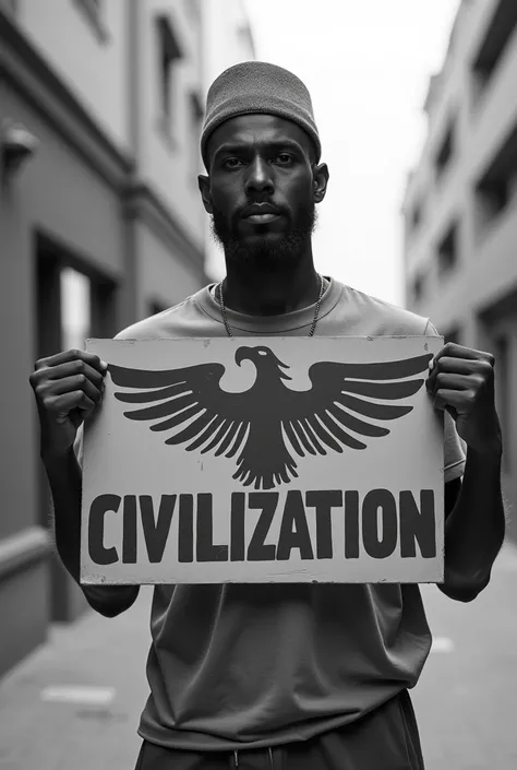 Black albanian ,in albanian tshirt holding a sign that says "any spare civilization ", make sure the guy wears t-shirt with the albanian double eagle and wears a fez, the guy is african-albanian