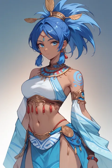 Woman, dark skin, blue hair, High pony hair, blue eyes, , blue Native clothes, native, anime style ,Indigenous 