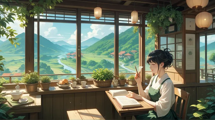 A beautiful Japanese woman in her 20s reading a book by the window seat in a café, in the style of Makoto Shinkais anime, with a fresh green landscape and a stream flowing outside the window.