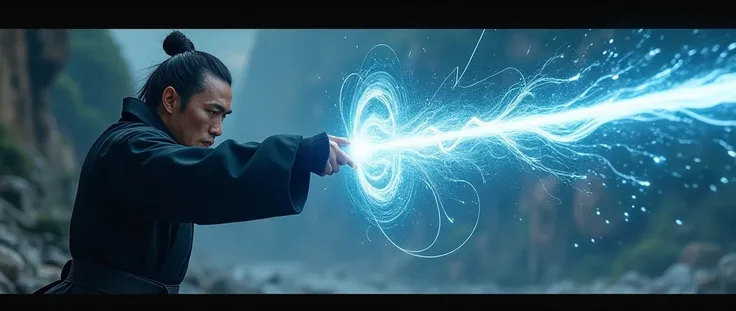 (panoramic), (cinematic photo), (artwork), (masterpiece), (best quality), Raw, 8K, masterpiece, photography, blue Hanfu, extremely sharp focus, intricate details, A stunning man in black was unleashing an extremely powerful finger strike, a transparent blu...