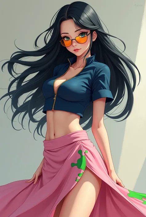  mature woman,  designed in the style of One Piece ,  WITH BLACK HAIR , white pele, Small blue eyes, big eyelashes,  wearing a long pink skirt with green prints in the right thigh area, a dark blue cropped with zipper and short sleeves ,  and glasses with ...