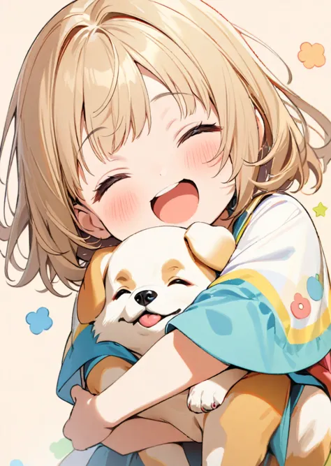 1girl, cute face, kindergarten, (closed eyes:1.1), open mouth, (happy mood:1.3), bright smile, hugging a cute dog, (simple backg...