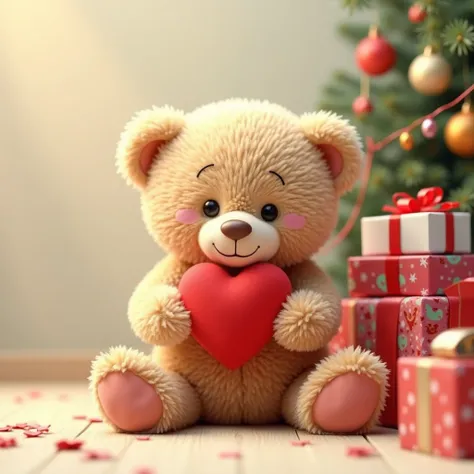 ample space in left  Teddy bear holding a red color Hart with gifts in right side