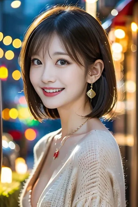 12K、hdr、smile、 bit depth 10 bit、Adult Woman、The model is 25 years old、 Japanese、 Christmas party venue 、Glamorous feeling 、 having fun 、 earrings for a woman alone、 Necklaces 、Stylish dress、Portrait Style、