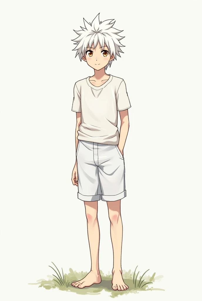  create the following in the style of Boku no hero Appearance :
 Sora has pure white hair ,  soft and somewhat rowdy ,  contrasting with his warm and serene honey-brown eyes .  His slim build and relaxed posture reinforce his carefree attitude .  She usual...