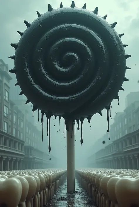 A giant evil lollipop invading a city full of teeth 