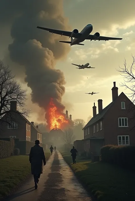 A dramatic depiction of a small English village during a World War II air raid, with planes flying overhead and a house damaged by an incendiary bomb. Smoke rises from the crash site as people are seen running away in fear.