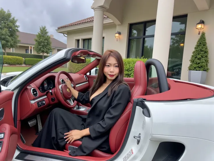 POV selfie 。Big Boobs。 wearing high-end fashion brand business attire。Sit in the main drivers seat of a white convertible Porsche 718。Red interior 、At the entrance of the luxury villa area 。