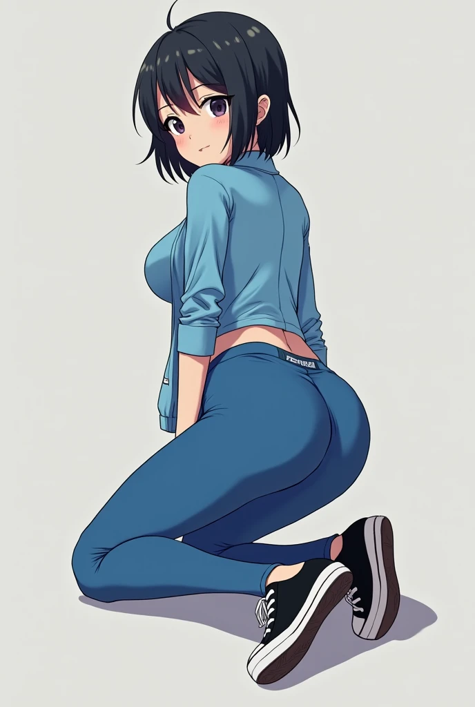  anime girl image, black tennis shoes, white sole, sky blue polo, blue open jacket, tight blue pants, marked underwear, sweaty and huge butt,  kneeling on your back at an angle on your back