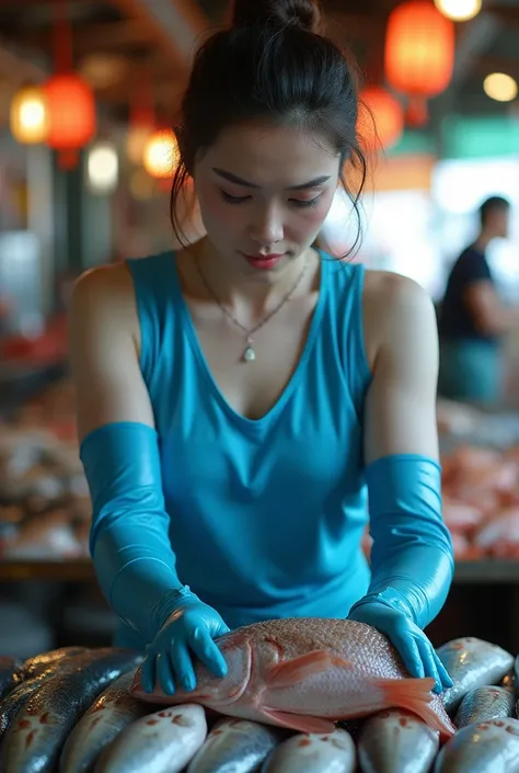 A WOMAN WEARING BLUE SHORT LATEX GLOVES IS STEWING OPEN FISH MEAT，woman pale skin ， fish struggling in hand ，Fish market 