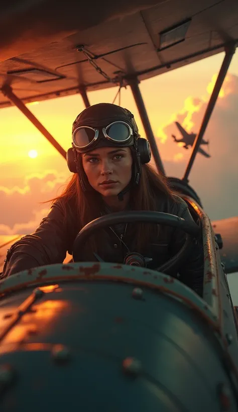  Piloting at dusk
“A young Soviet woman ,  in an open cockpit biplane , flying at sunset .  Her expression is focused ,  wearing a leather helmet and aviator goggles . Behind her,  dark clouds and the silhouette of another plane in the distance complete th...