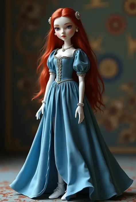  Medieval style porcelain doll standing with long red hair, wearing a long blue dress that completely covers her legs,  white gloves,  white shoes , necklace and bracelet and pearl earrings , que la falda del  vestido no muestre las piernas solo los  white...