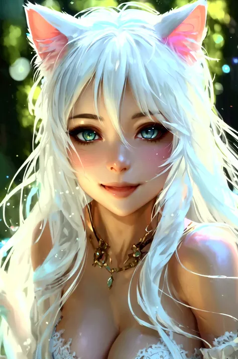 (masterpiece), best quality, smilling, expressive eyes, perfect face, Beautifull russian girl white long hair, ((CAT ears)) and a ((cat tail)), seductive smile, outdoor, erotic, excited, sex, isekai medieval, miniskirt, tshirt sexy, cgi, 8k, isekai, eyes h...